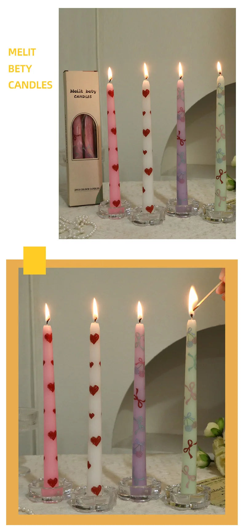 2pcs Colorful Printed Cherry Cone Stick Candles, Smokeless, Romantic, for Weddings, Valentine's Day, Heart-shaped Stick Candles