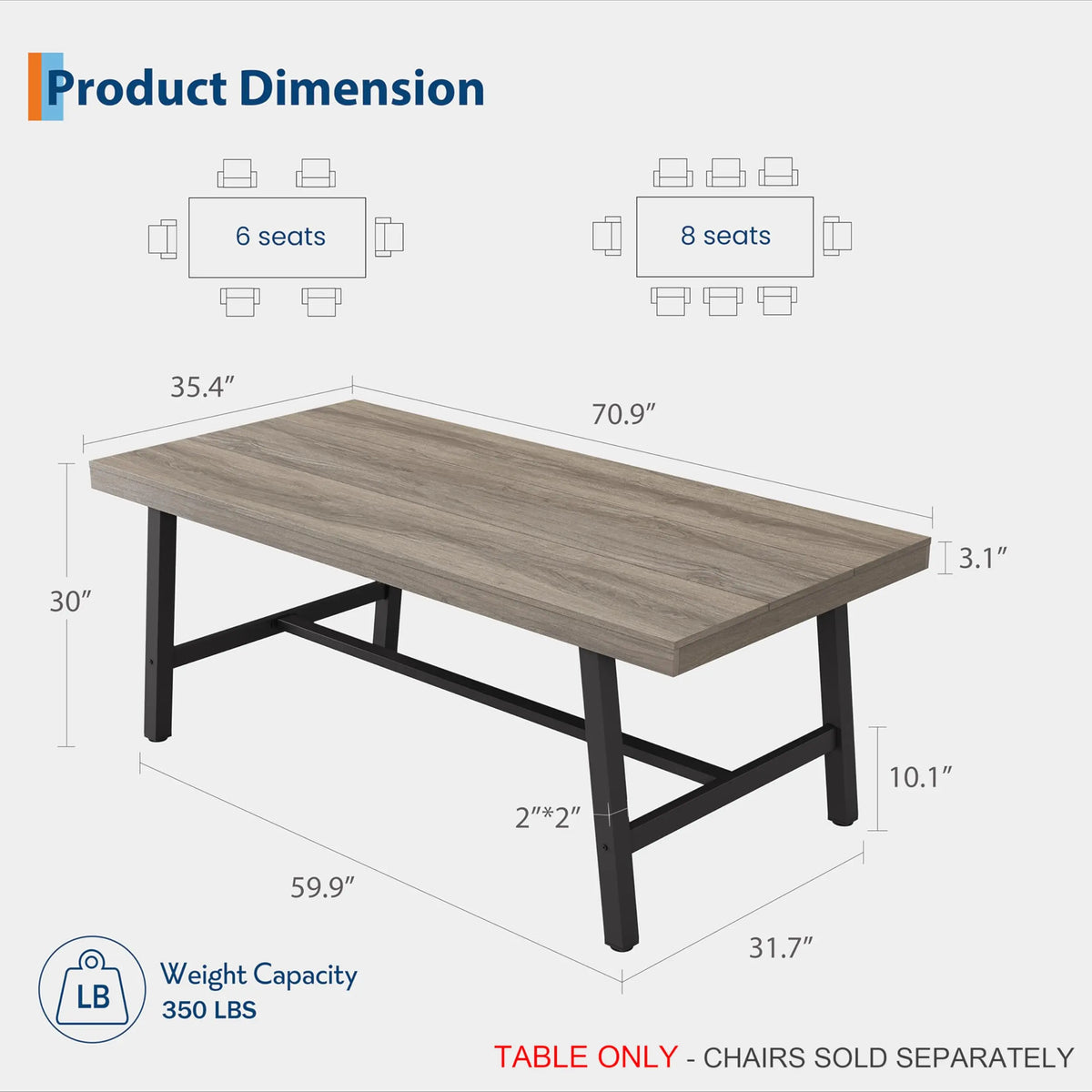 GarveeLife 70.87 Inch Rectangle Dining Room Table for 6-8