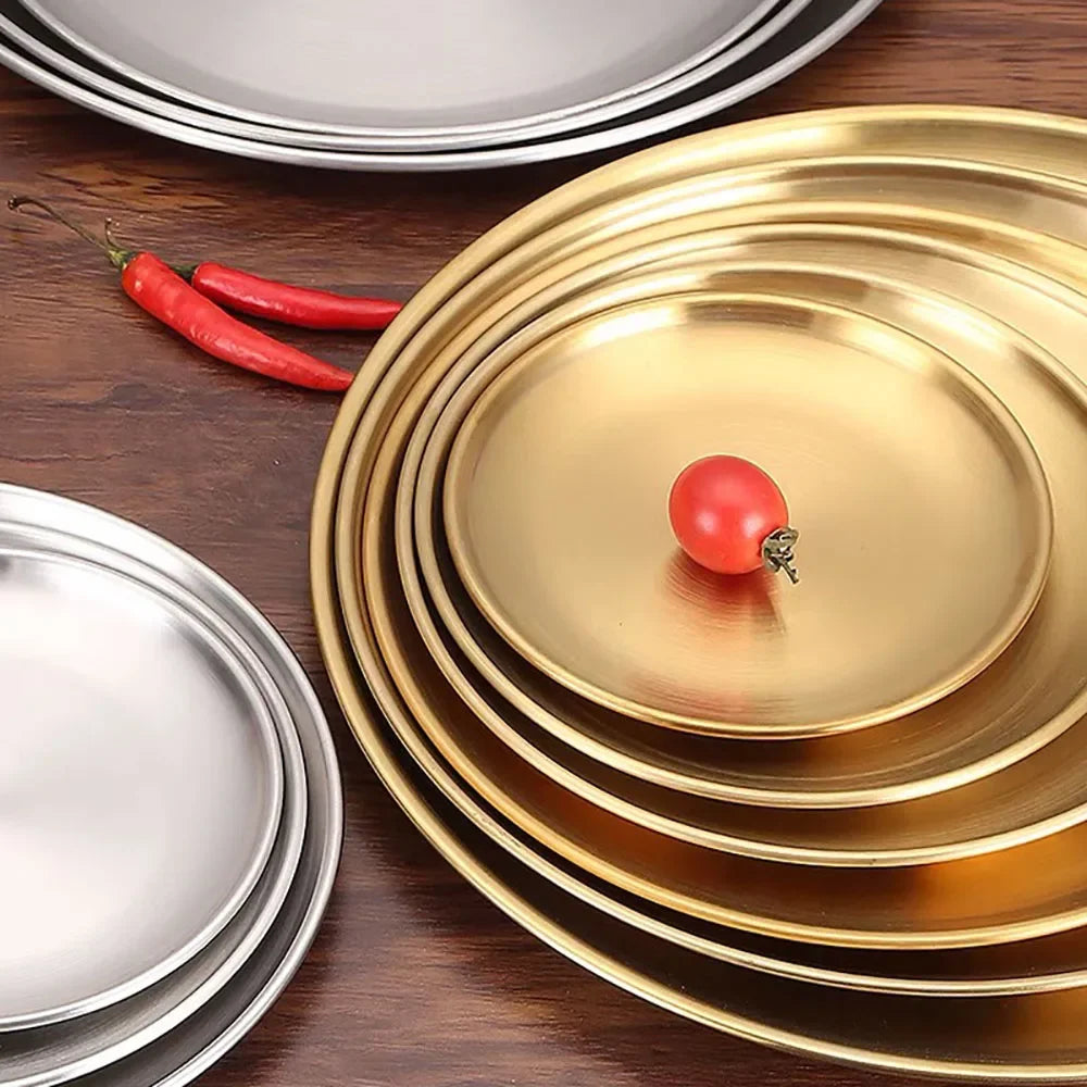 8PC Metal Dining Dish Stainless Steel Round Plate Shallow