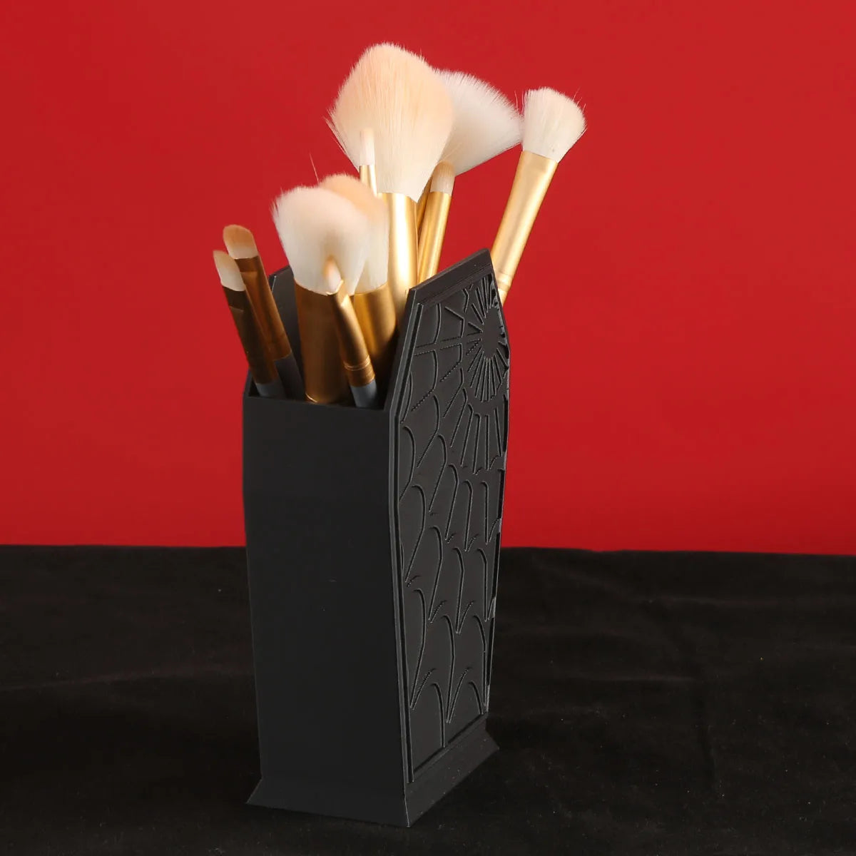 Gothic Coffin-Shaped Spider Web Makeup Brush Holder - Lightweight Plastic Desk Organizer for Vanity or Office Decor