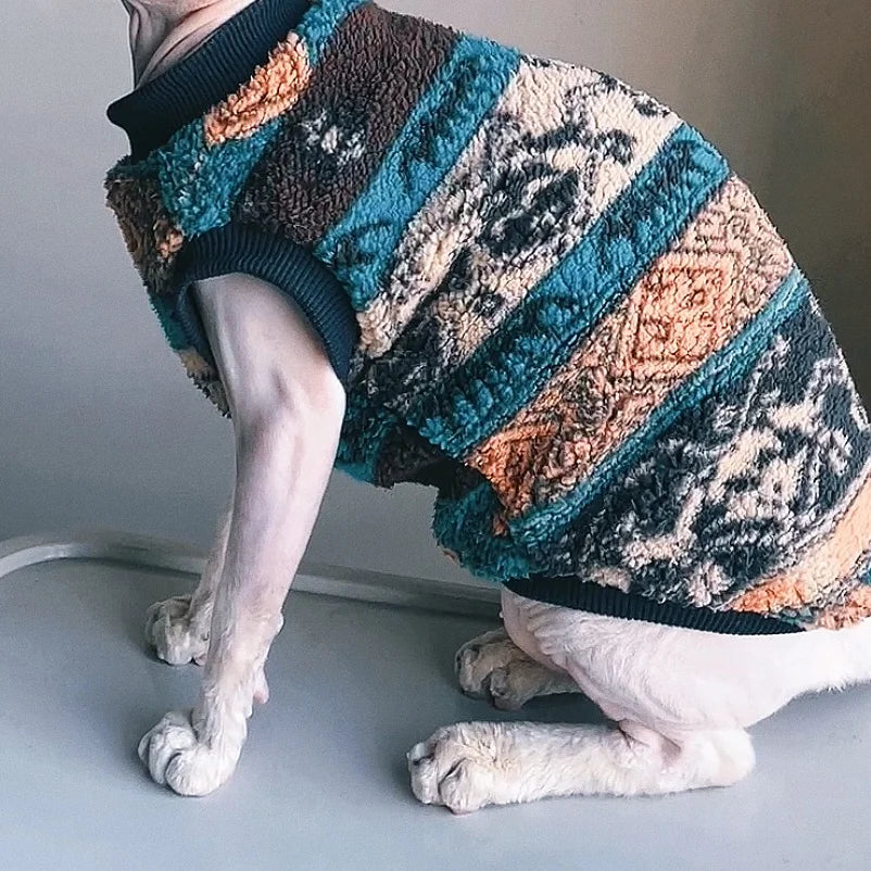 Christmas Sweater for Sphynx Cat Colorful Fleece Sweatshirt for Hairless Cat Winter Soft Short Sleeved Thick Pajamas for Kittens