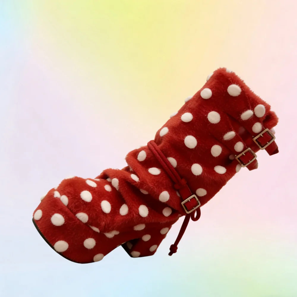 Red Side Belt Pleated Round Toe Boots Round Shape Decor Women