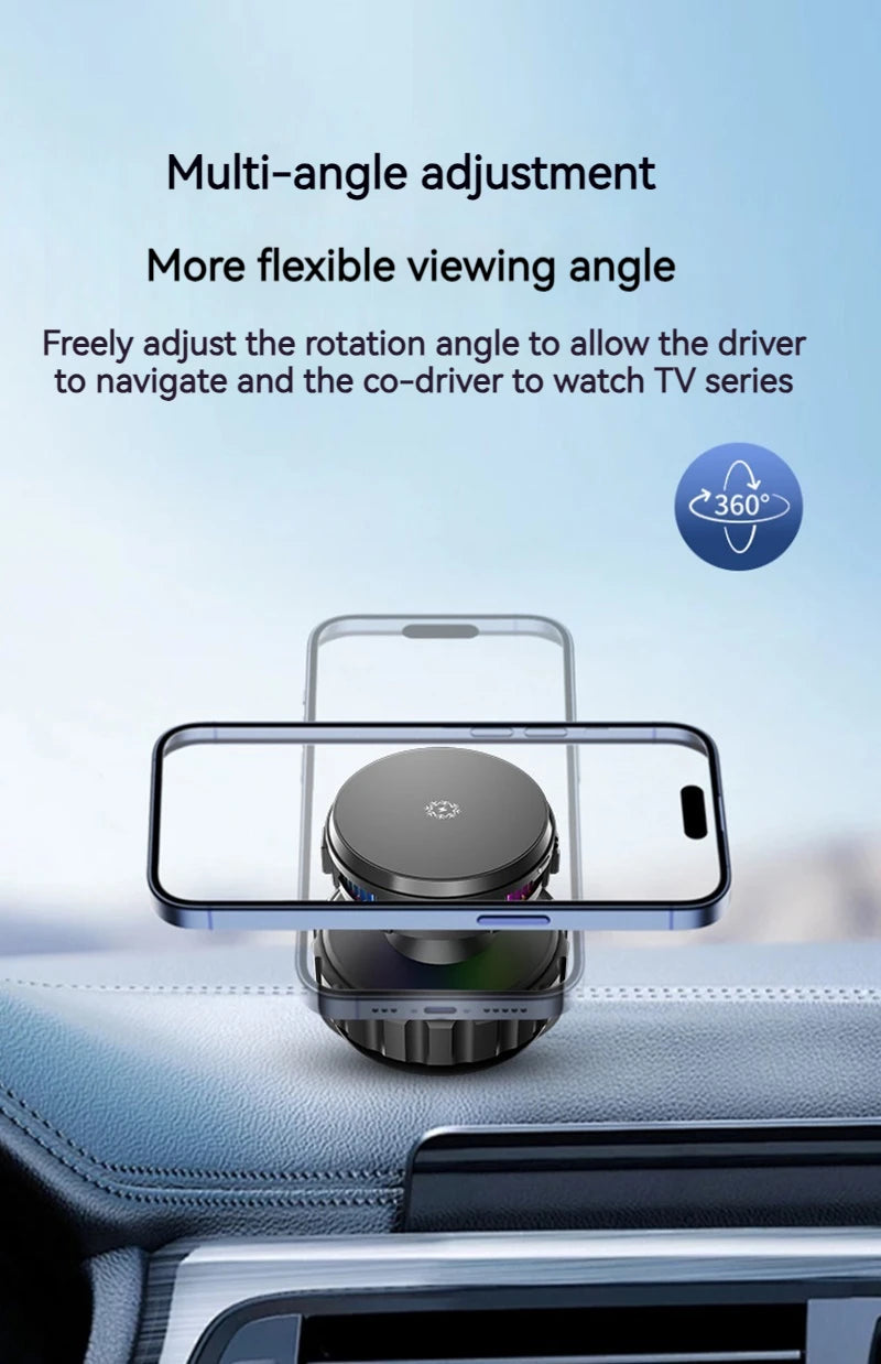 15W Car Magnetic Wireless Charger Phone Stand, Suction Cup with Semiconductor Cooling & Colorful Ambient Lights, 360° Rotatable