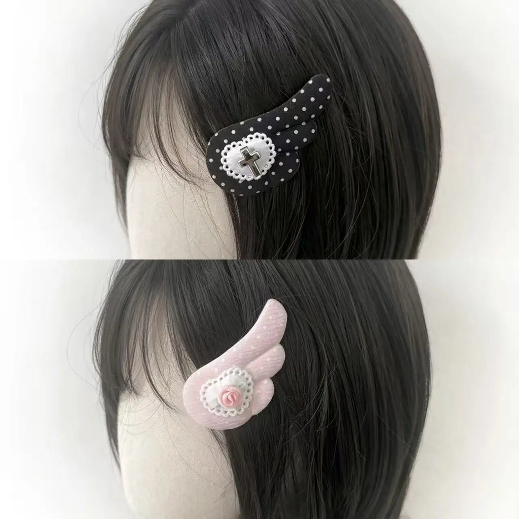 Vintage Y2K Polka Dot Wing Hair Clip Cross Rose Heart Japanese