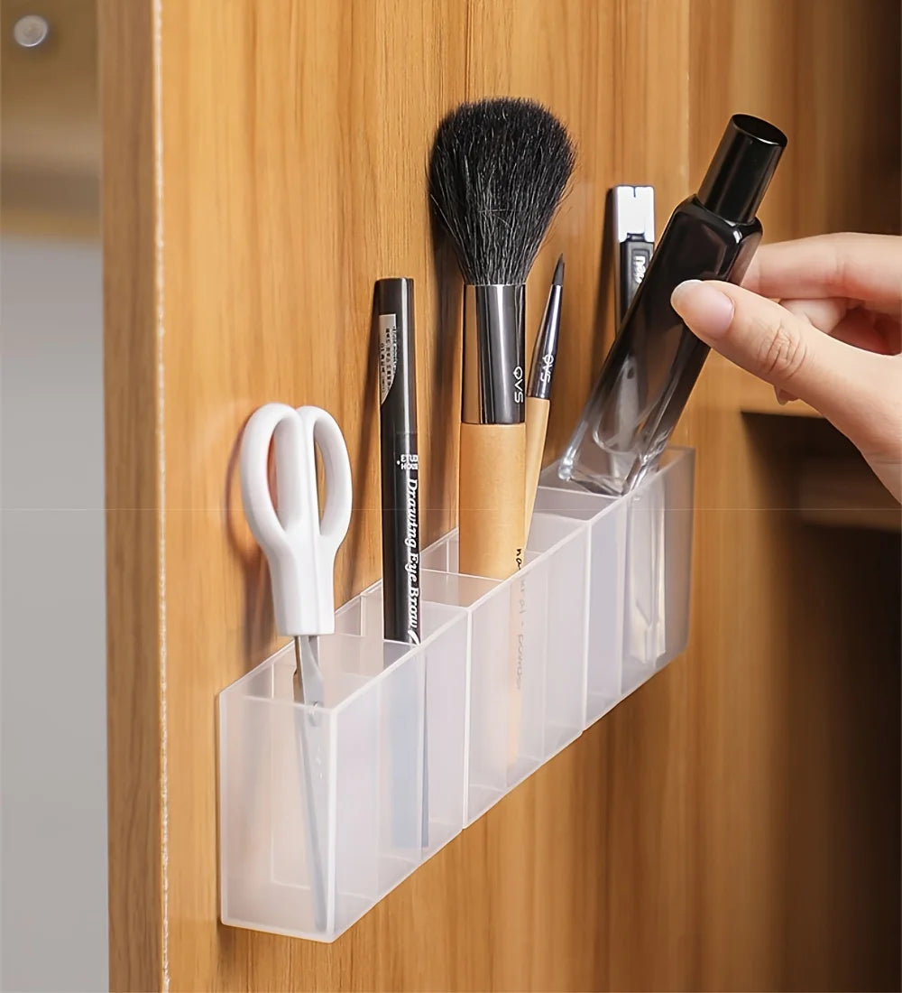 Transparent Wall-Mounted 3-Compartment Organizer - Self-Adhesive Storage Box for Makeup Brushes, Lipstick, Pens - With Shelves