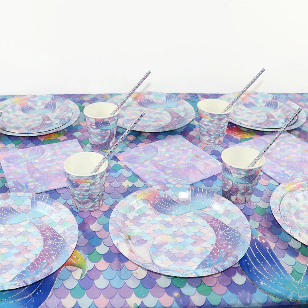Mermaid Birthday Party Decoration Disposable Tableware Set Little Mermaid Tail Plates Girl Mermaid Party Supplies Wedding Decor