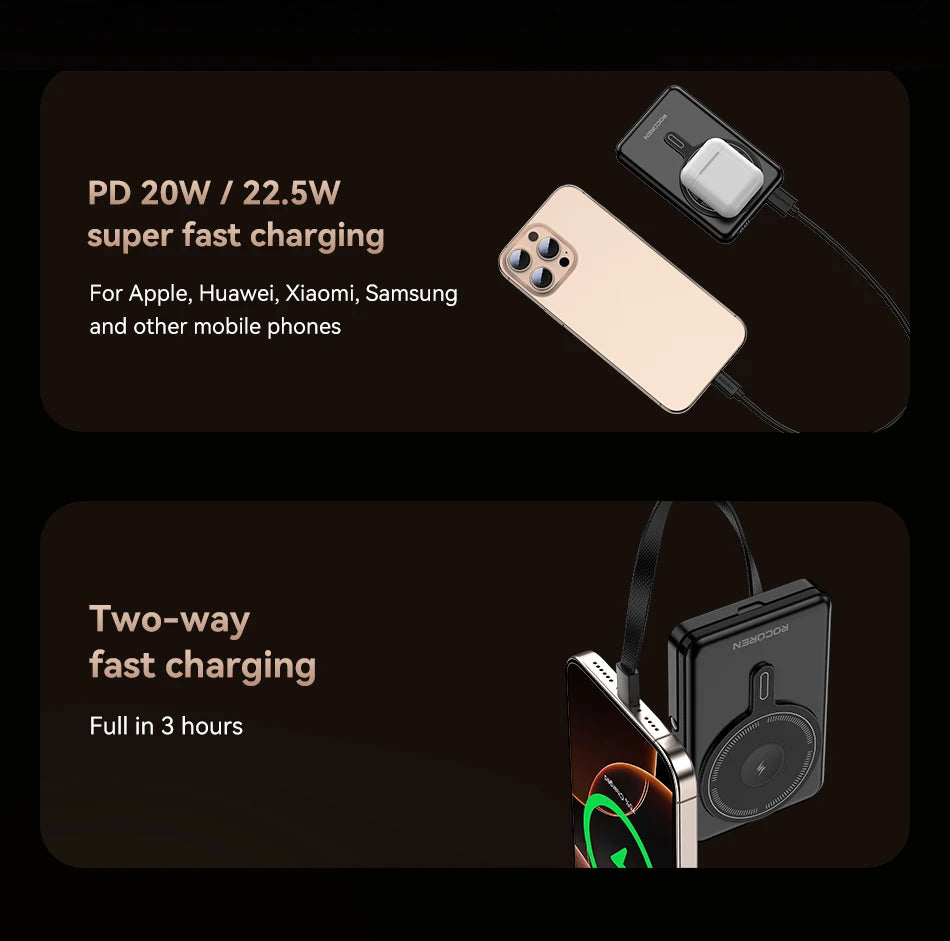 Rocoren PD 22.5W Fast Charging Power Bank 10000mAh Magnetic Wireless Charger for iPhone 16 15 14 Powerbank Built Charging Cables