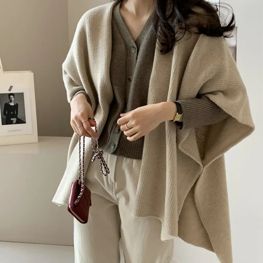Fashion Elegant Knitted Shawl Jacket Korean Style Women's Casual Loose Warm Cloak Top Solid Color Knitted Cardigan Sweater Coats