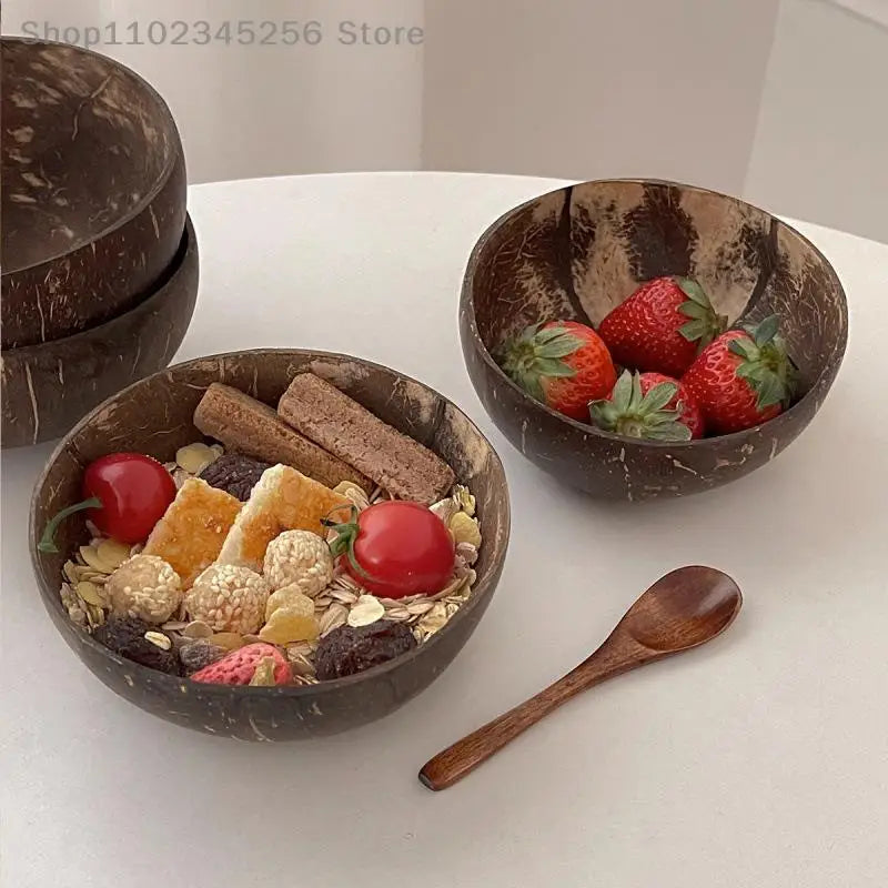 Kitchen Natural Coconut Bowl Set Wooden Salad Ramen Wood Spoon Coco Smoothie Tableware