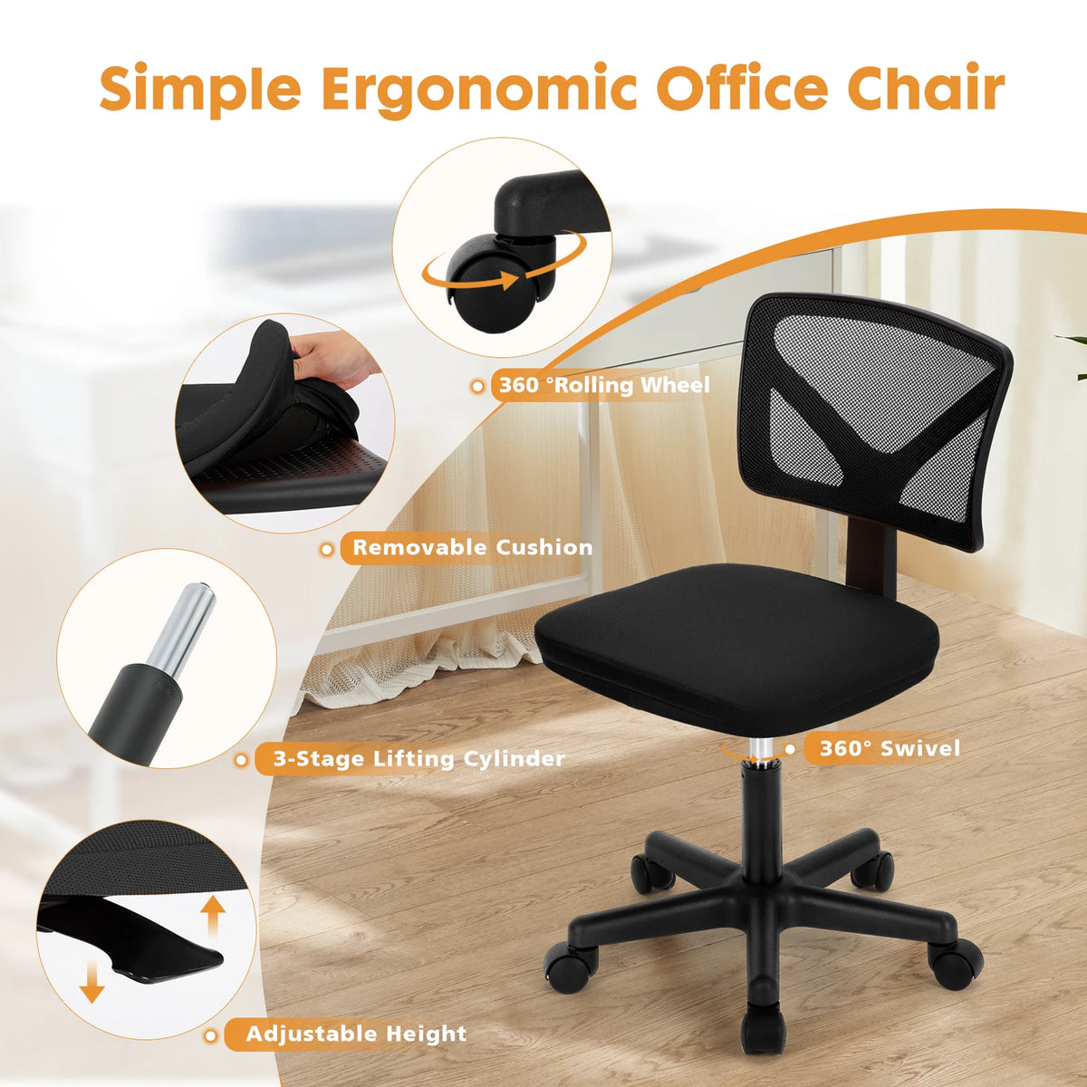 JHK Mesh with Lumbar Support Armless Office Chair Low
