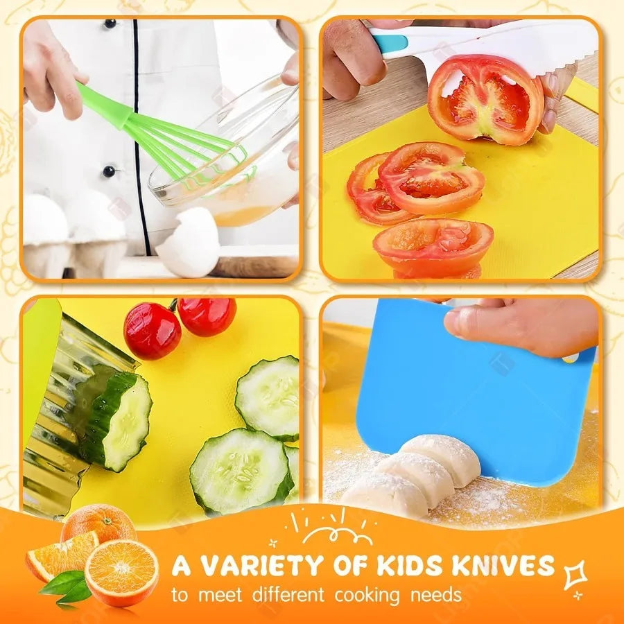 17 Pieces Kids Cooking Set Real Montessori Kitchen Tools Toddler Safe Serrated Edges with Plastic Knife Cutting Board Scissors