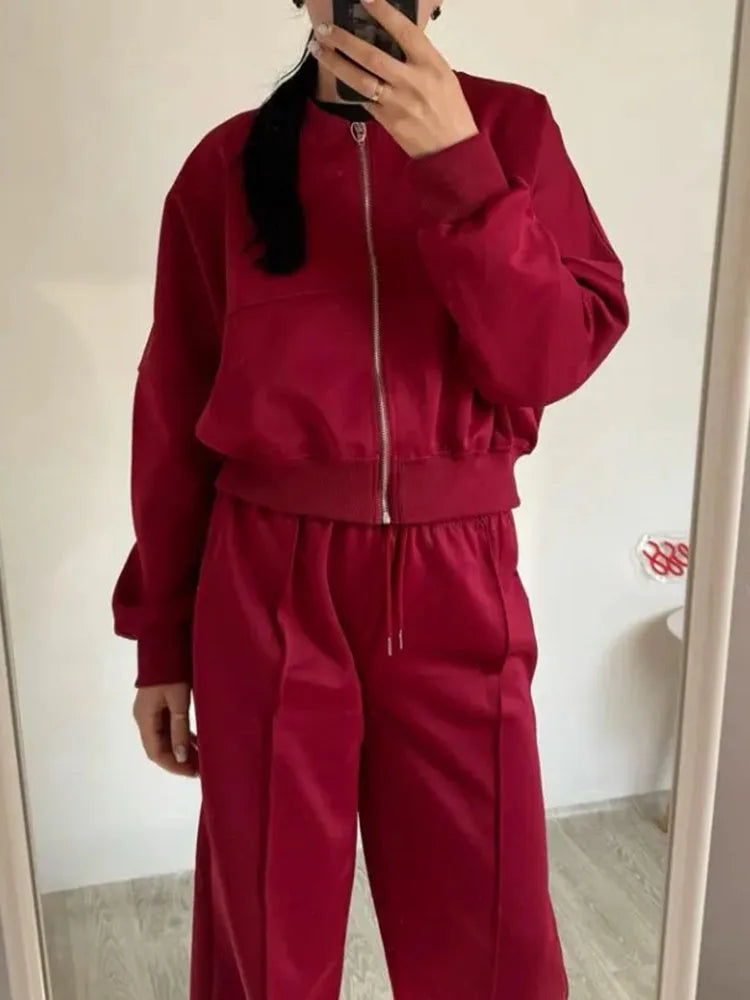 Gray Straight Pants Two Pieces Sets Women Outfit Long Sweatpants Street Wear Zipper Jacket Track Suits Sweatshirt Sets For Women