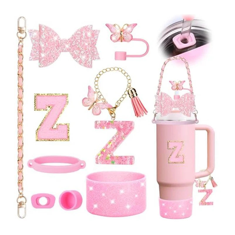 9PCS Set Bling Pink For Stanley Cup Cute Bow Letter Decoration 30oz 40oz Cup Spill Proof Stopper Keychain Handle Cup Accessoriy