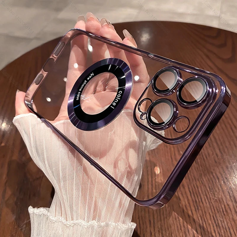 Luxury Logo Window Magnet Wireless Charger Plating Clear Case For iPhone 16 15 14 13 12 11 Pro Max Plus Back Cover For Magsafe