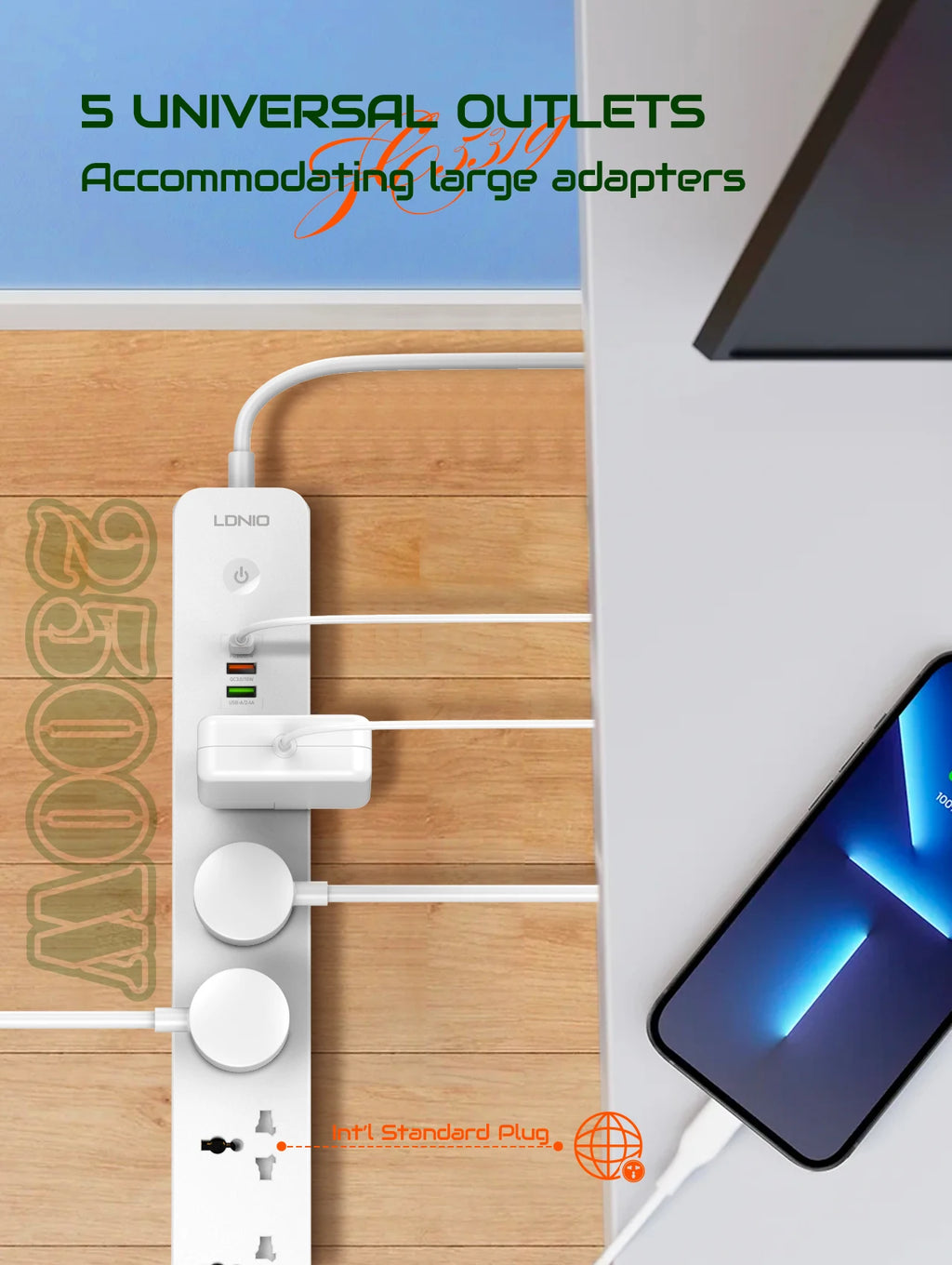 LDNIO 2500W Power Strip with 5 AC Outlets & 3 USB Charging Ports 2M Extension Cable Kitchen Household  EU UK US Plug