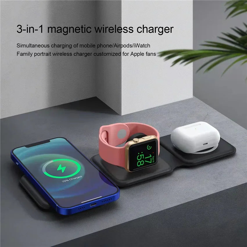 3 in 1 Wireless Charging Station for Apple MagSafe Charger, Foldable Magnetic Travel Charger for iPhone Apple Watch AirPods Pro