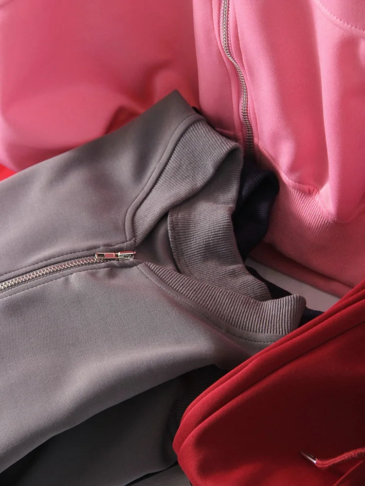 Gray Straight Pants Two Pieces Sets Women Outfit Long Sweatpants Street Wear Zipper Jacket Track Suits Sweatshirt Sets For Women