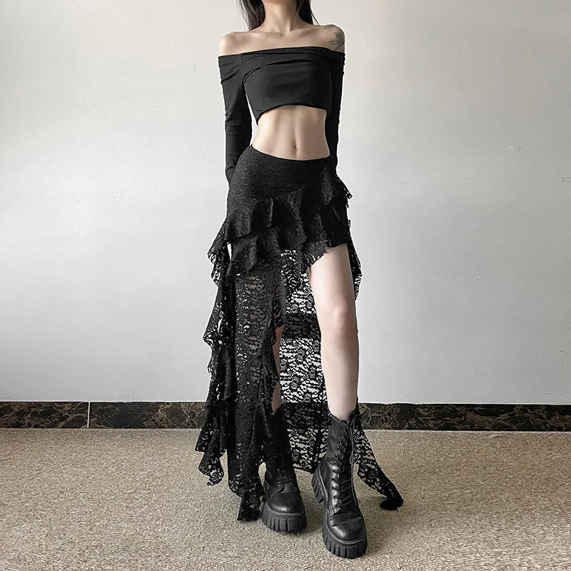 White Sweet Design Lace Patchwork Ruffle High Waisted Y2K Skirt