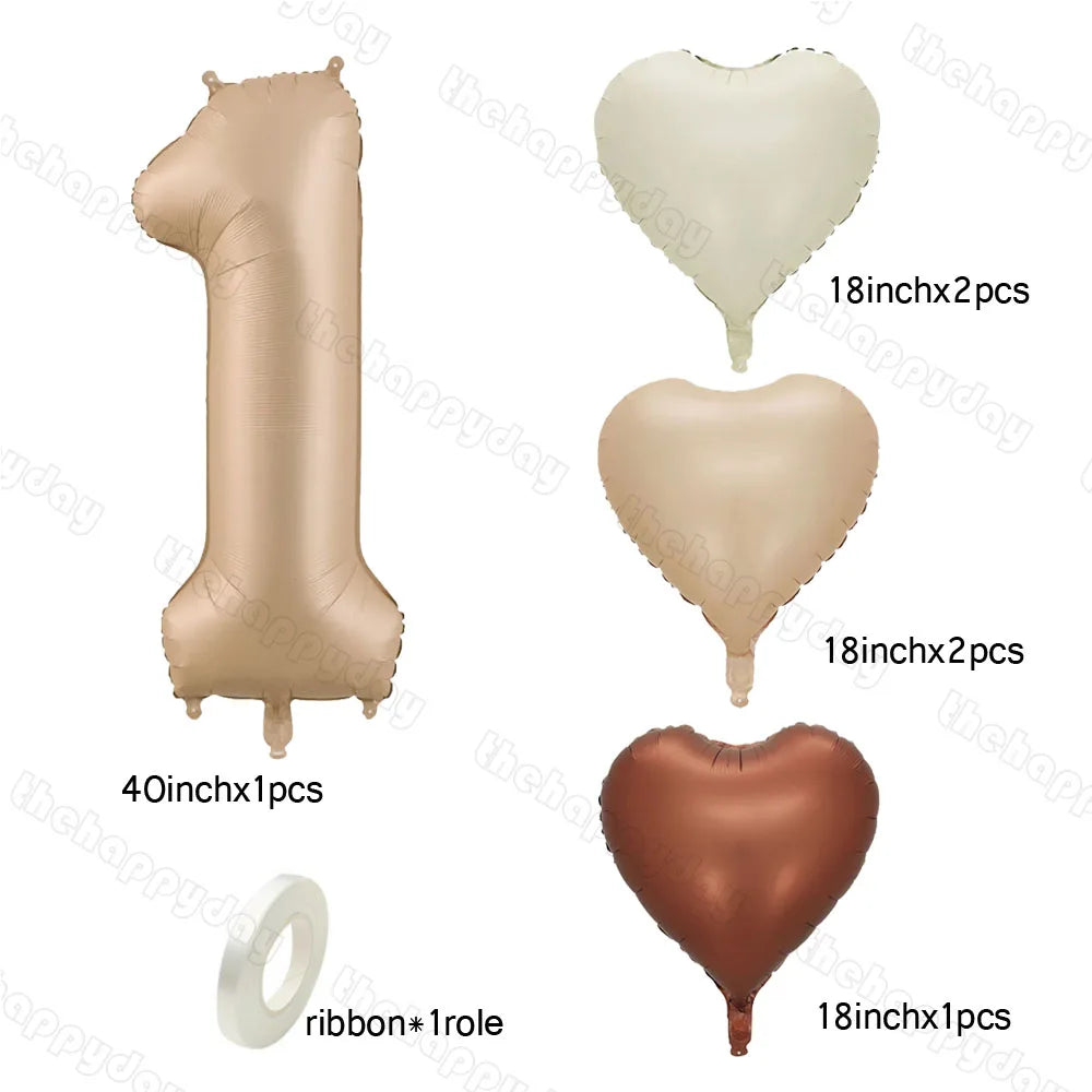 10/5/1Pc Brown Beige Cream 18inch Heart Balloons Cream Number Balloons 1 2 3 4 5 6 Birthday Number Foil Balloon Helium Air Globo