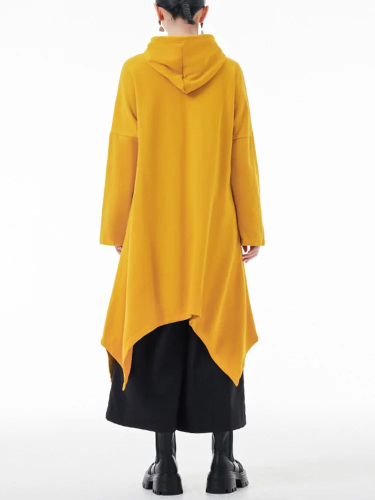 EAM Yellow Irregular Midi Sweatshirt New Hooded Drawstring Long Sleeve Women Big Size Fashion Tide Spring Autumn 2026 1DH3876