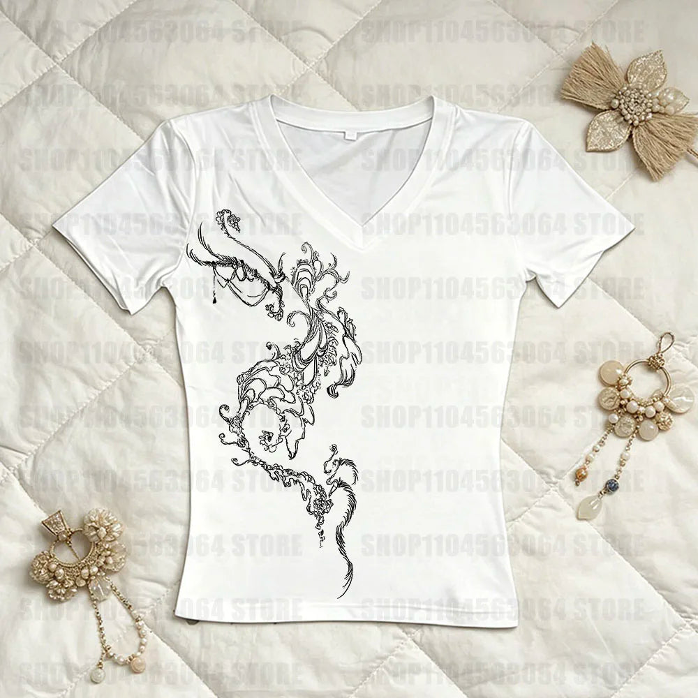 Y2K Aesthetic T-shirt for Women, Fashion V-neck, Casual Pattern, Retro Punk Short Sleeve, Gothic Open Umbilical Top, Girl Fit T-