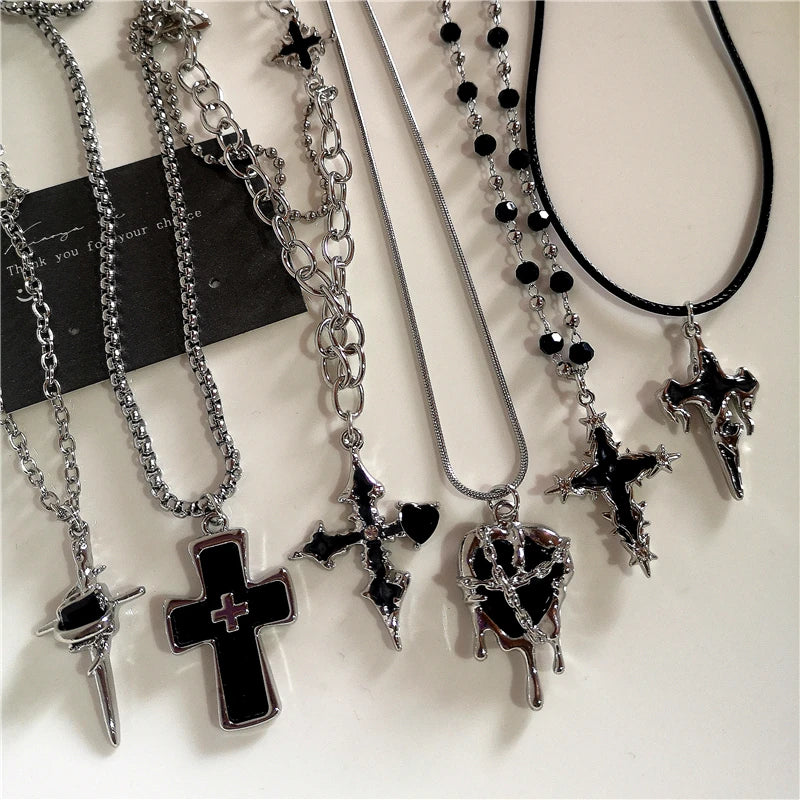 Gothic Trendy Y2K Black Cross Love Heart Pendant Rope Chain