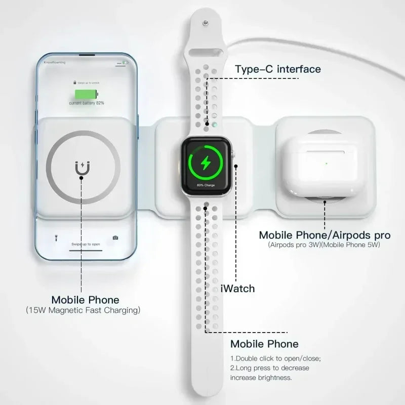 3 in 1 Magnetic Wireless Charger Portable Fast Charging Dock Station Foldable Stand Trip Charger For iPhone Apple Watch AirPods