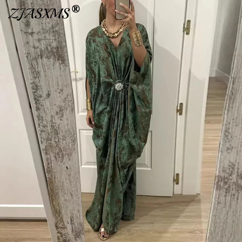 Spring Elegant Abstract Print Kaftan Dress Women's V Neck Batwing Sleeve Maxi Dress Bohemian Vacation Ruched Waist Evening Gowns