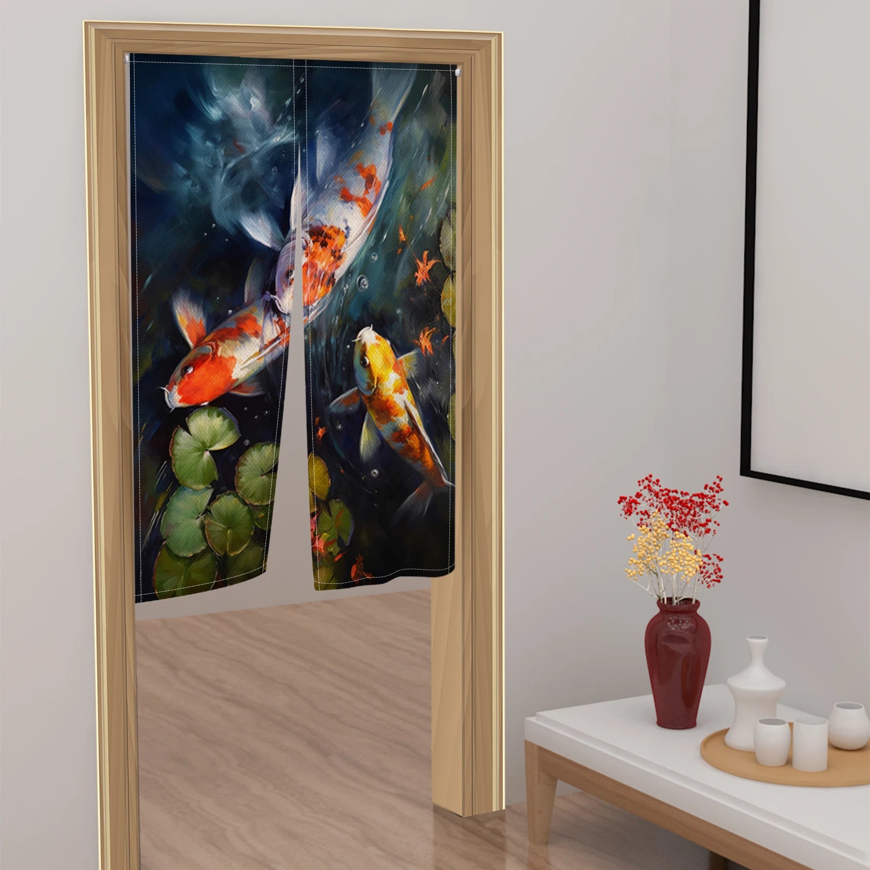 Japanese Koi Fish Door Curtain Fengshui Kitchen Bedroom Linen Doorway Curtain Entrance Hanging Half Curtain Partition Curtain