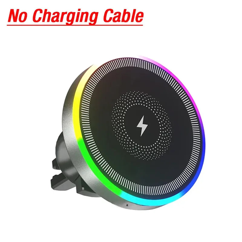 Car Magnetic Wireless Charger Air Vent Bracket Clip Phone Holder Stand RGB Light For iPhone 16 15 14 13 12 Pro Max Fast Charging