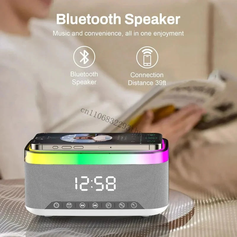 New Smart 6-in-1 Bluetooth Speaker 60W Wireless Charger Bedhead Night Light Alarm Clock LED Clock with FM Radio Music Cente