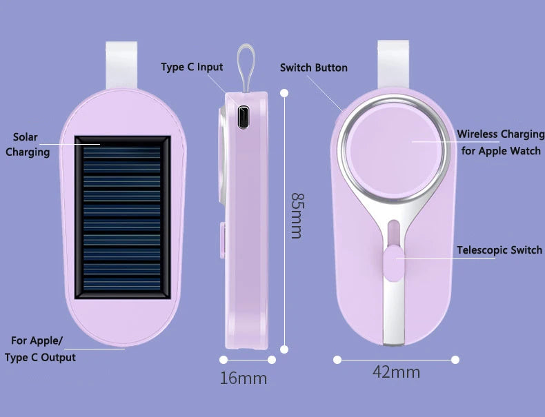Mini Solar Power Bank 3000mAh Wireless Charger for Apple Watch 8 7 6 5 External Battery Charger for iPhone Samsung Huawei Xiaomi