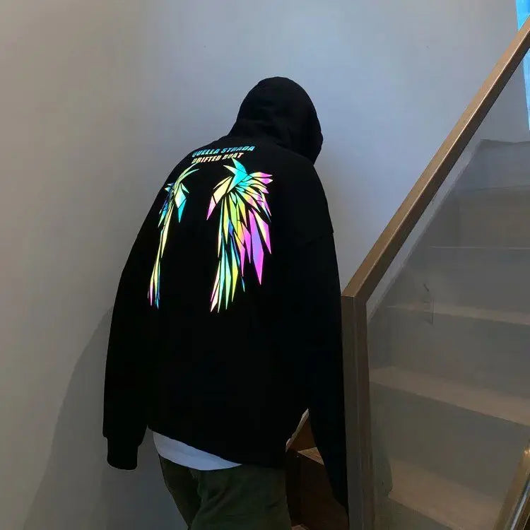 Reflective Male Hoodie Hip Hop Overfit New in No Brand Y2k Vintage Novelty and Simple 90s Tops Fleeced Men's Hooded Sweatshirt
