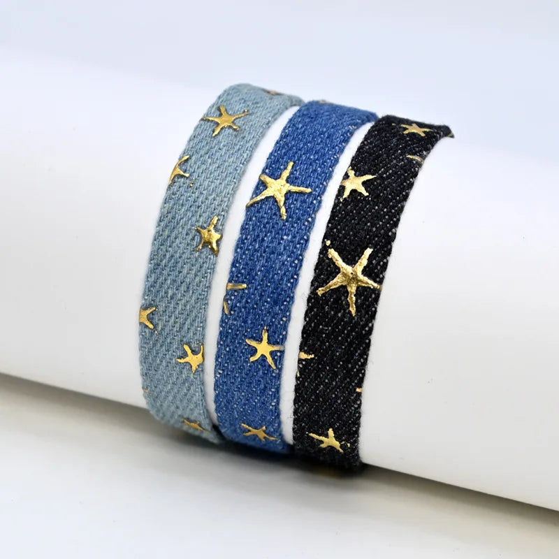 Vintage Star Pattern Blue Literary Denim Fabric Bracelet For Women Men Gothic Ethnic Handwoven Wrist Strap Fashion Jewelry Gift