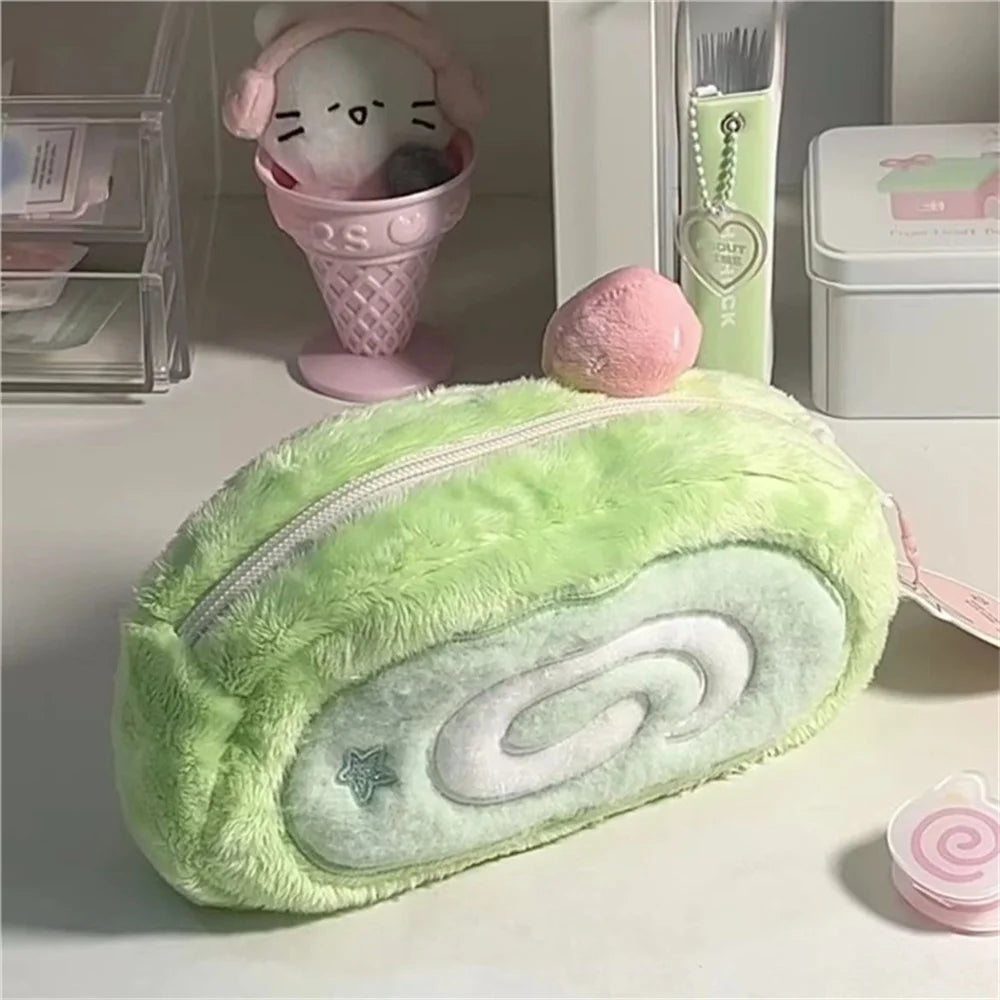 INS Melon Swiss Roll Green Plush Pencil Case Bag Creative Stationery Storage Bags Large Capacity Desk Organizer for Students
