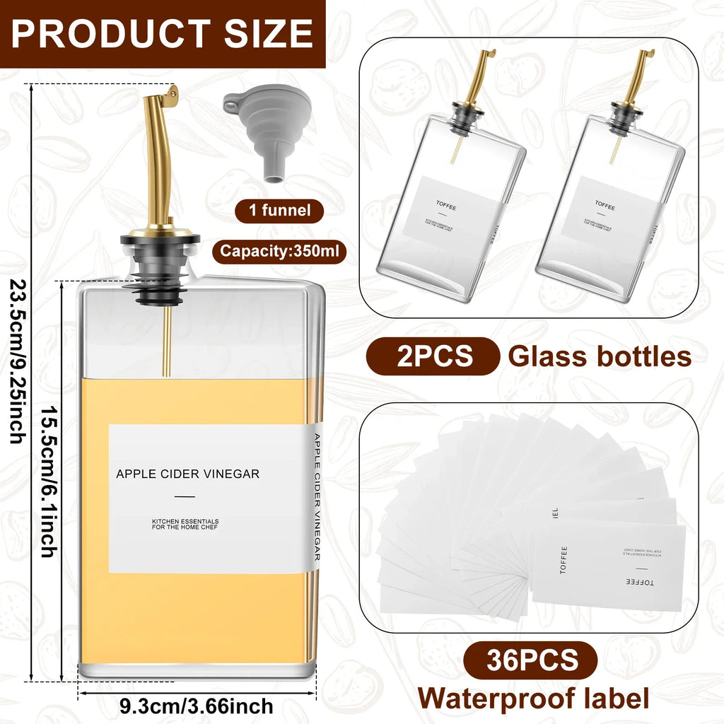 2Pcs Glass Olive Oil Dispenser Bottle 350ML Seasoning Vinegar Bottle Condiment Container Cooking Oil Dispenser Kitchen Supplies