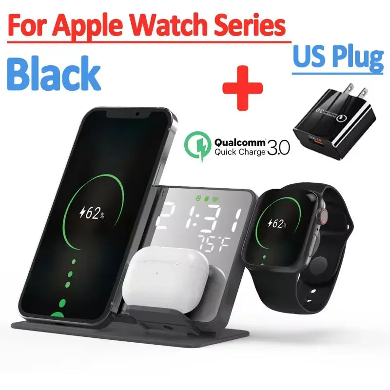 3 in 1 Wireless Charger For Apple Samsung Galaxy Watch 6 5 Pro S24 S23 S22 Fast Charging Station Alarm Clock Phone Charger Stand