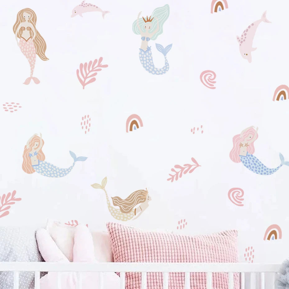 Boho Cartoon Mermaid Seaweed Wall Stickers for Kids Room Bedroom Living Room Home Decoration Wall Decals