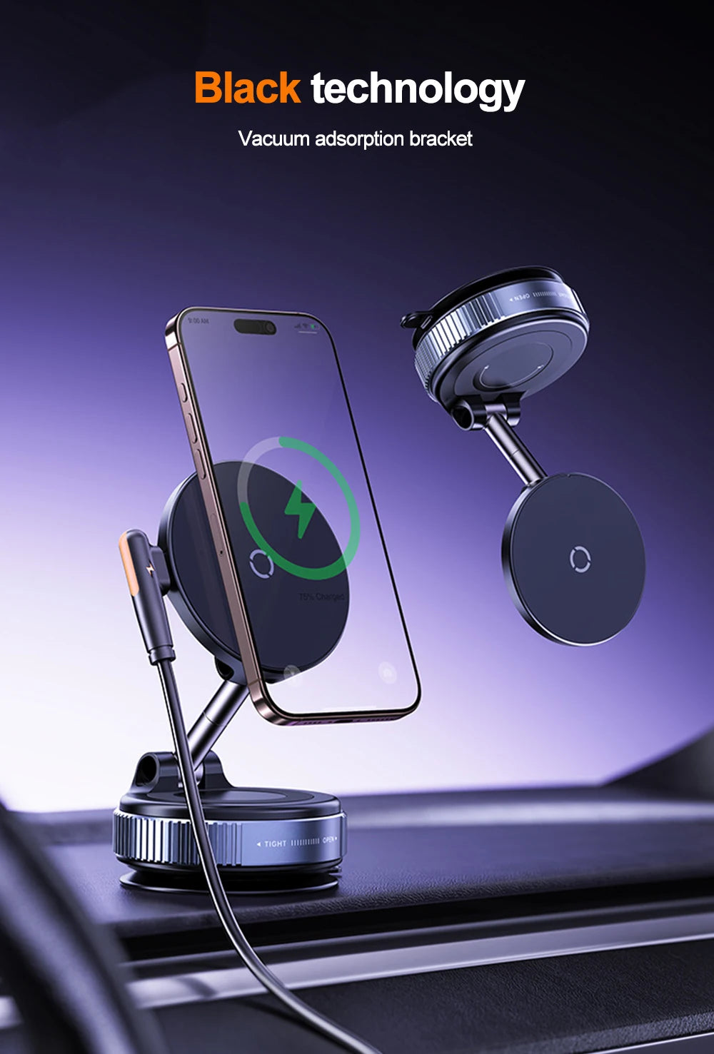New Magnetic 15W Wireless Charger Car Phone Holder 360 Degree Rotation Foldable Suction Cup Navigation Phone Holder Bracket