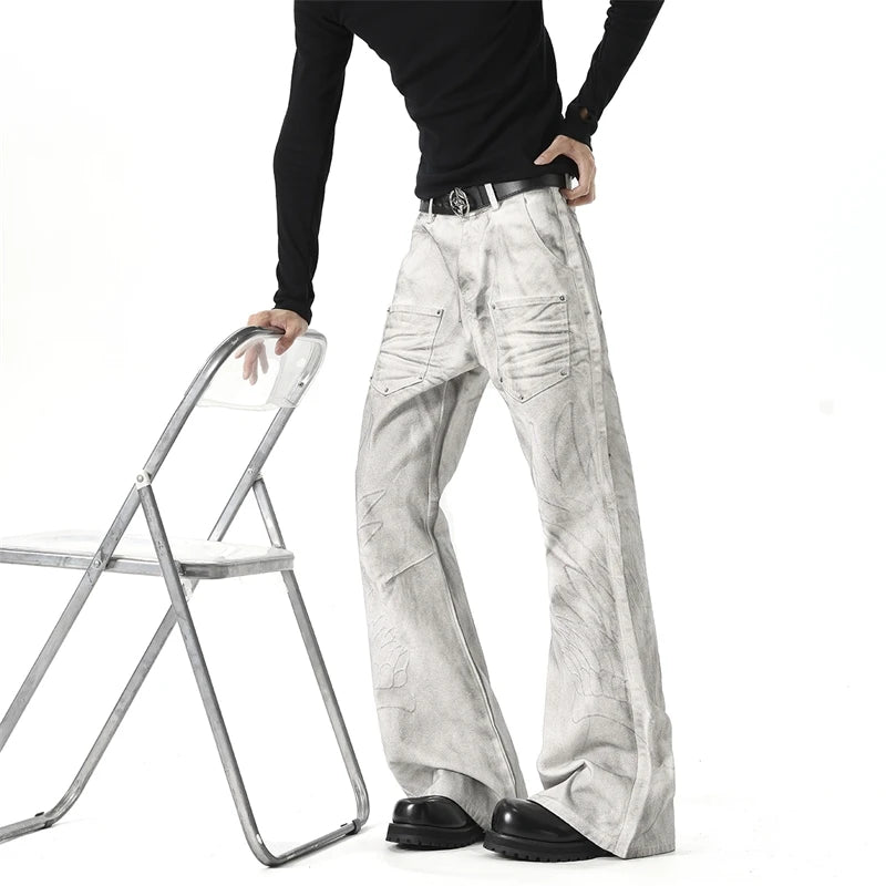 IEFB Men White‑Grey Washed Flare Jeans Embossed Pattern Rivet