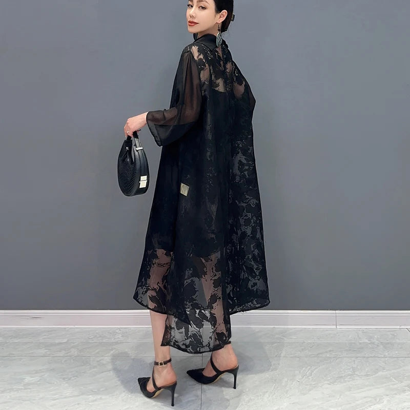 Loose Fit Chic New 2024 Summer Woman Solid Black Organza Dress Unique Wear Korean Style Large Mesh Dress Big Size Robe JJXD806