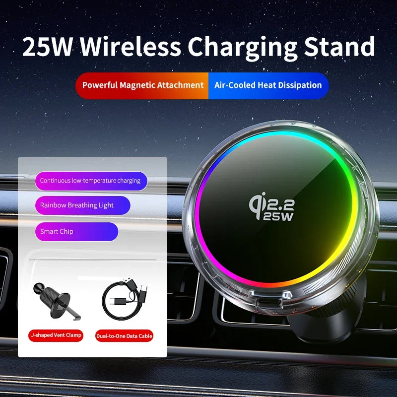 Air Cooling Car qi2 25W Magnetic Wireless Charger RGB Light  Phone Holder For Magsafe iPhone 17 16 15 14 13 12 Fast Charging