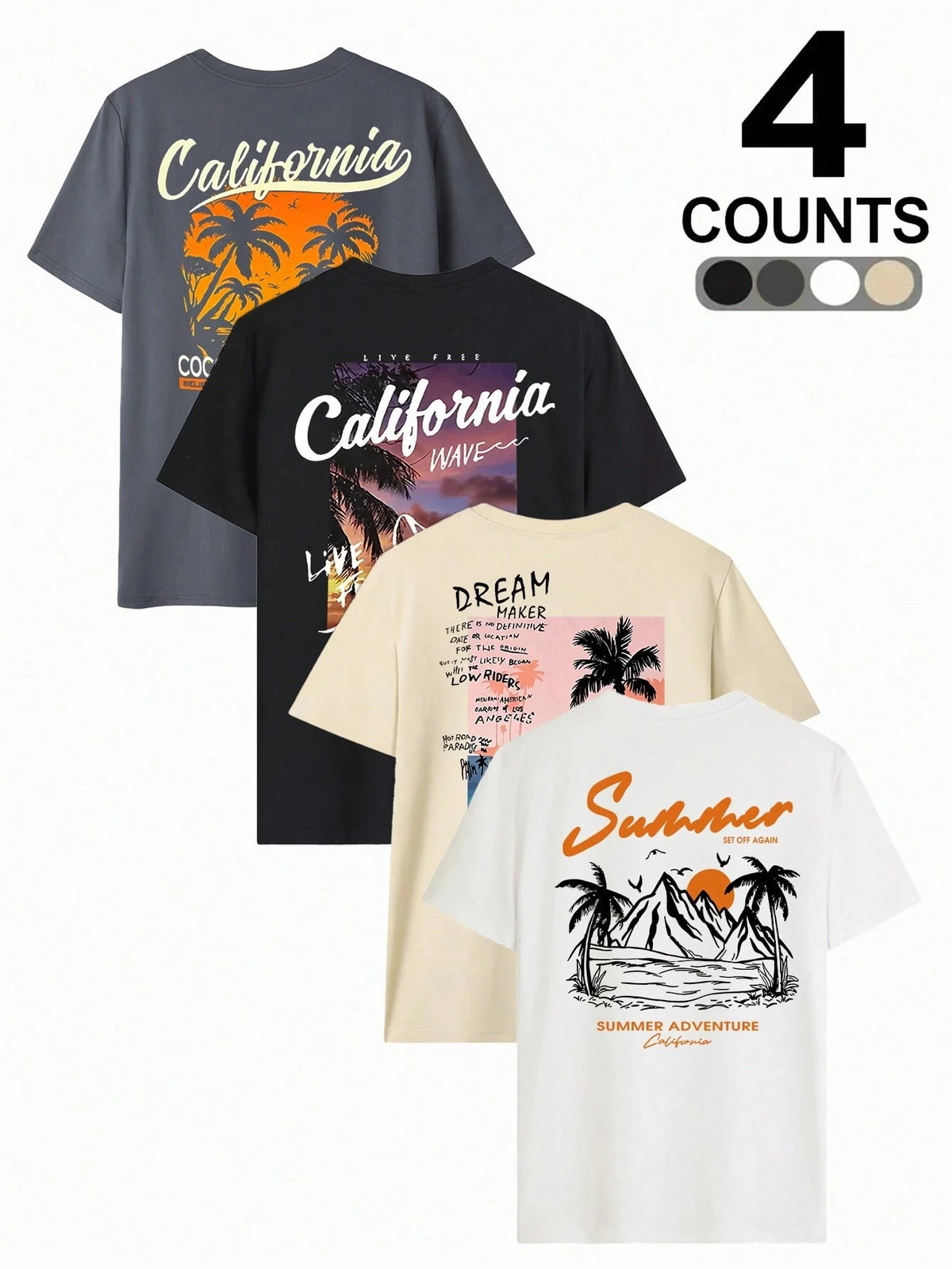 Set of 4 Men's Casual Summer Beach Style Short-Sleeve