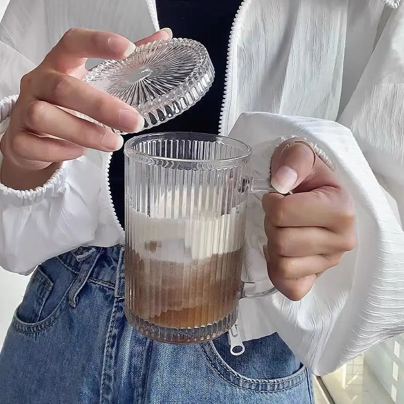 Transparent Coffee Mugs Simple Stripe Glass Cup with Lid Straw Tea Cup Juice Drinking Wine Beer Milk Breakfast Shot Glasses Set