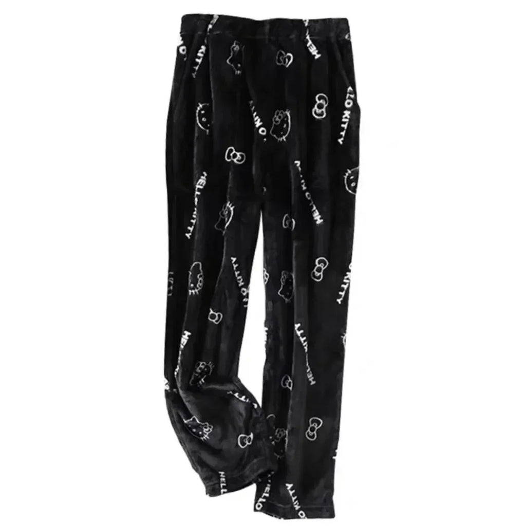 Hello Kitty Pajamas Halloween Flannel Fashion Trouserswomen Kawaii Woolen Anime Cartoon Casual Home Pants Autumn