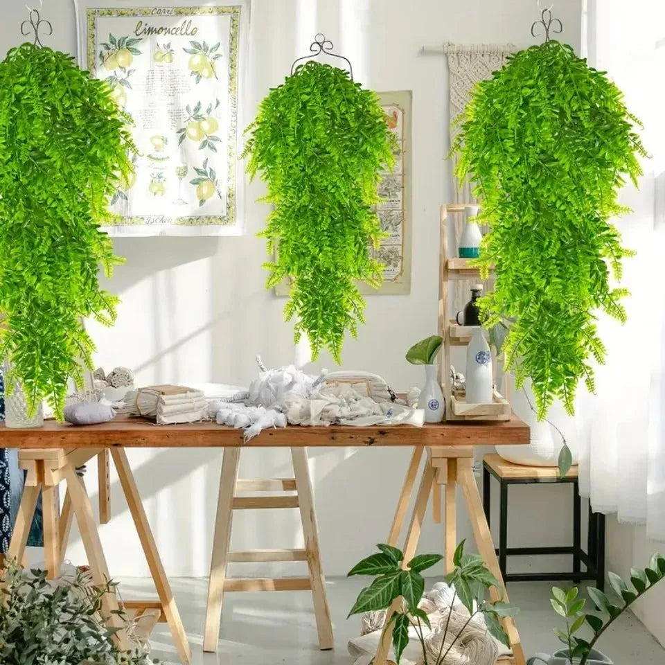 4pcs Persian Fern Leaves Artificial Plant Vine Home Garden Room Decor Hanging Fake Ivy Vine Grass Wedding Party Wall Home Decor