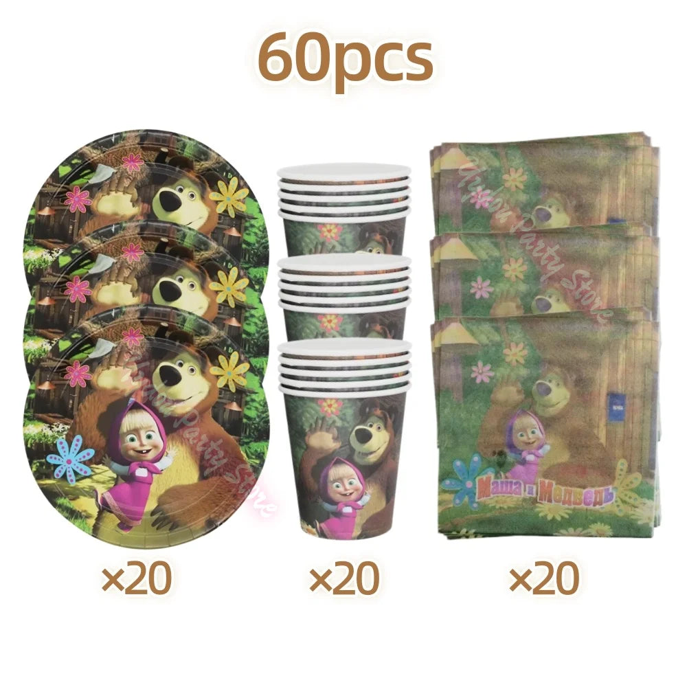 Mashaed Birthday Party Decoration Bear Theme Plates Cups Banner