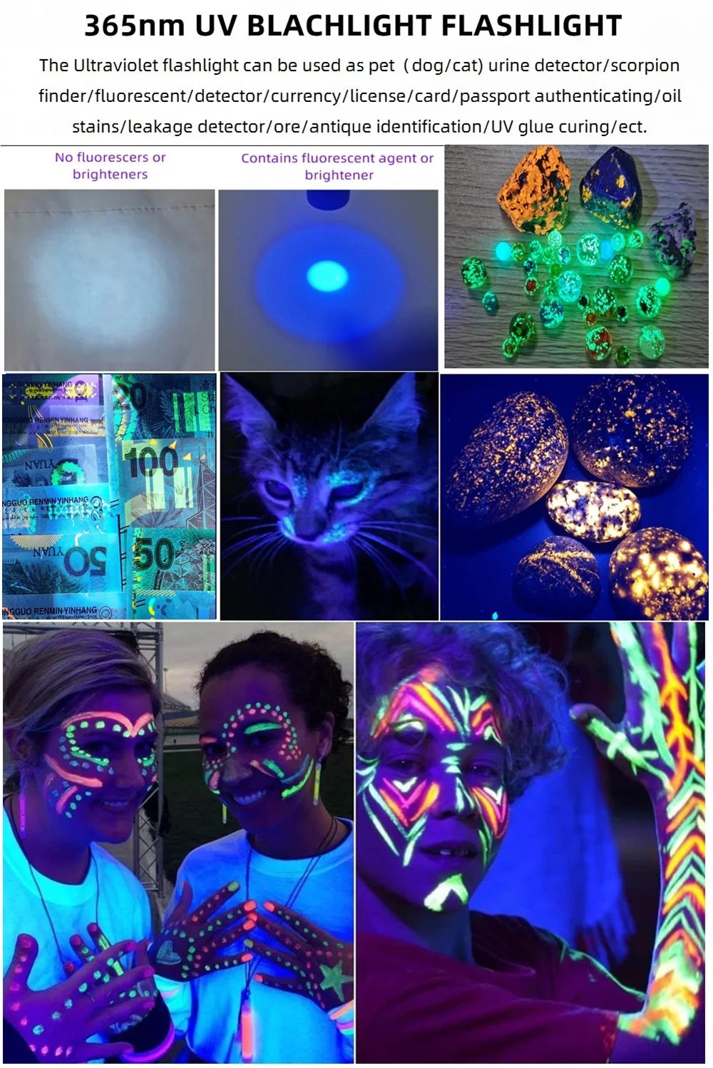 20W 395/365nm UV Flashlight USB Rechargeable Blacklight Curing Cat Tinea Pet Urine Stain Marker Leakage Ore Money Scorpion Light