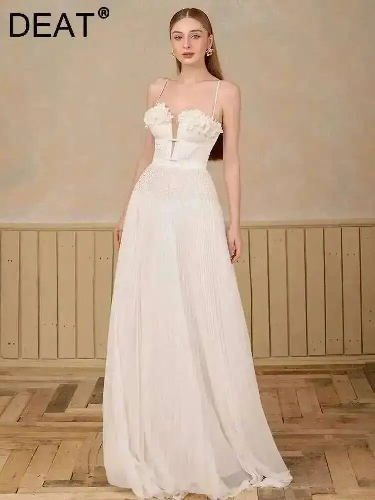 DEAT Elegant Dress Hollow Out Backless Camisole Pleated Flower