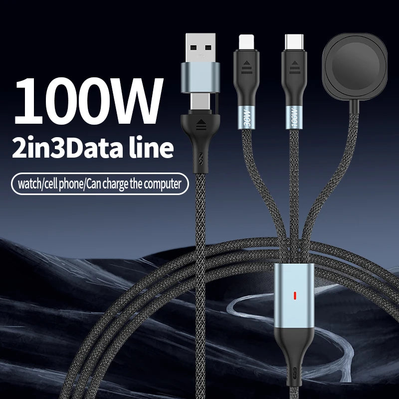 Portable 3 in 2 USB+Type C Magnetic Watch Wireless Charger Charging Date Cable For iPhone 16 Pro Max iWatch 8 Ultra 7 6 SE 5 4